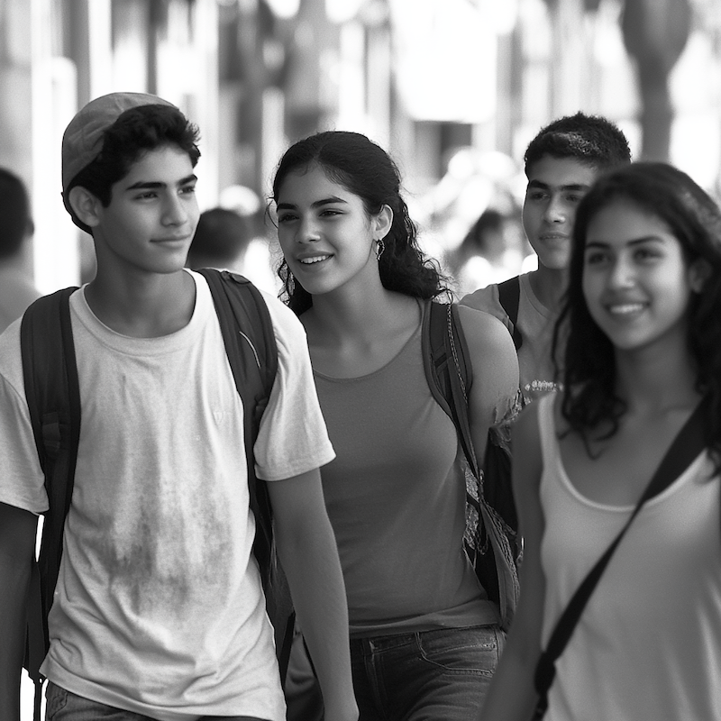 grupo de jovenes latinos caminando por la calle